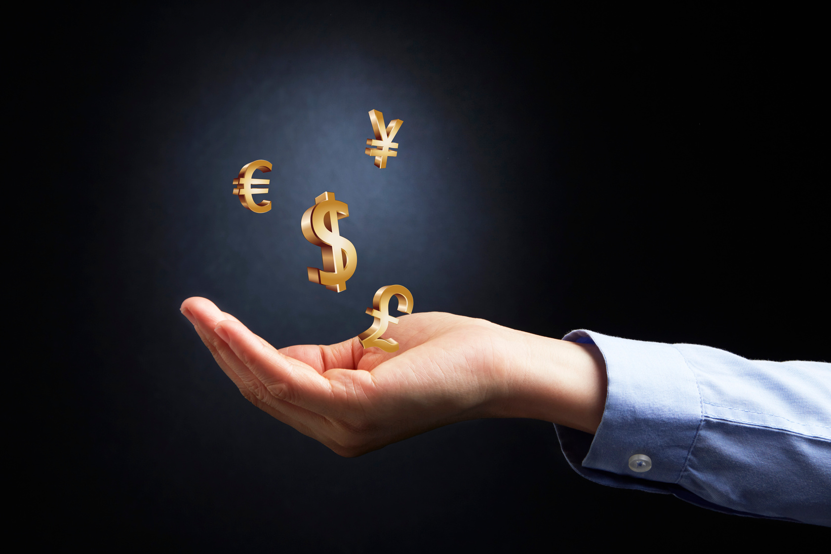 Hand presenting foreign currencies symbol concept
